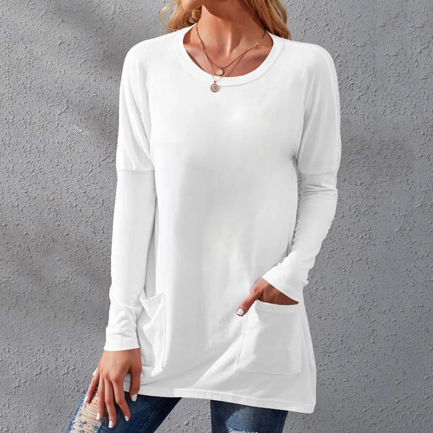 Round neck long sleeves loose pockets solid color T-shirt White