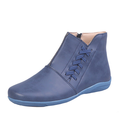 Front lace up plus size casual ankle boots flat single boots Blue