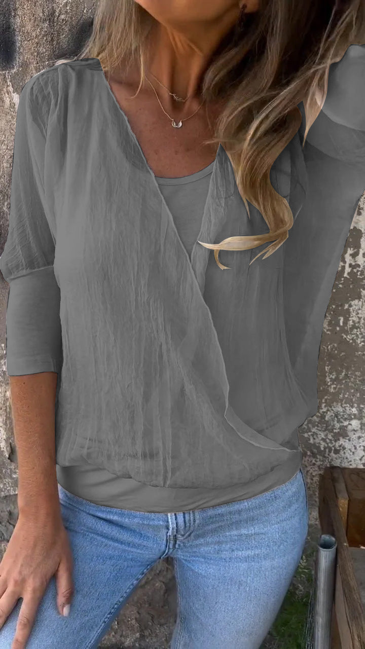 Solid Color Round Neck Mid-sleeve Top dark gray