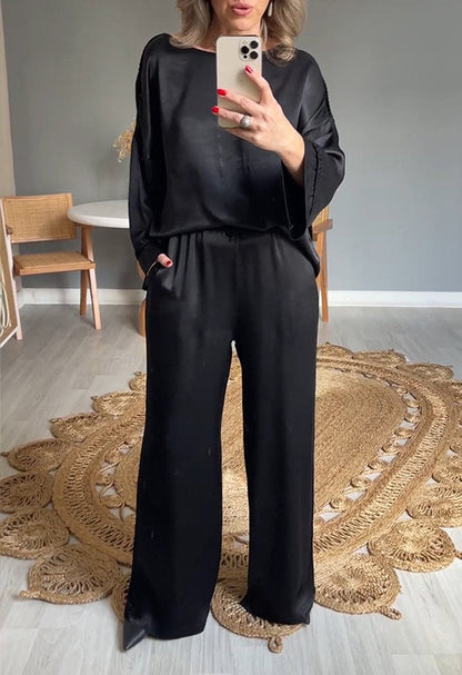 Satin Crew Neck Long Sleeve Two-piece Suit black