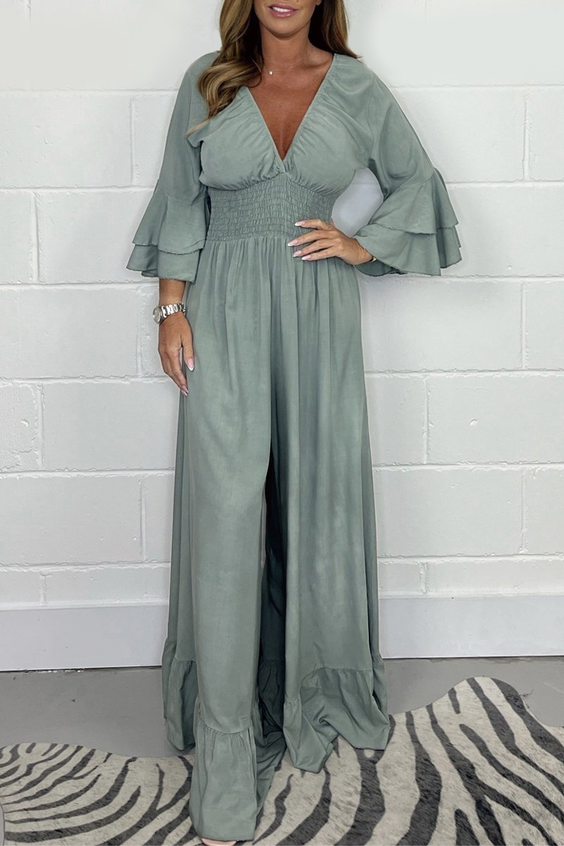 Solid color V-neck jumpsuit Gray