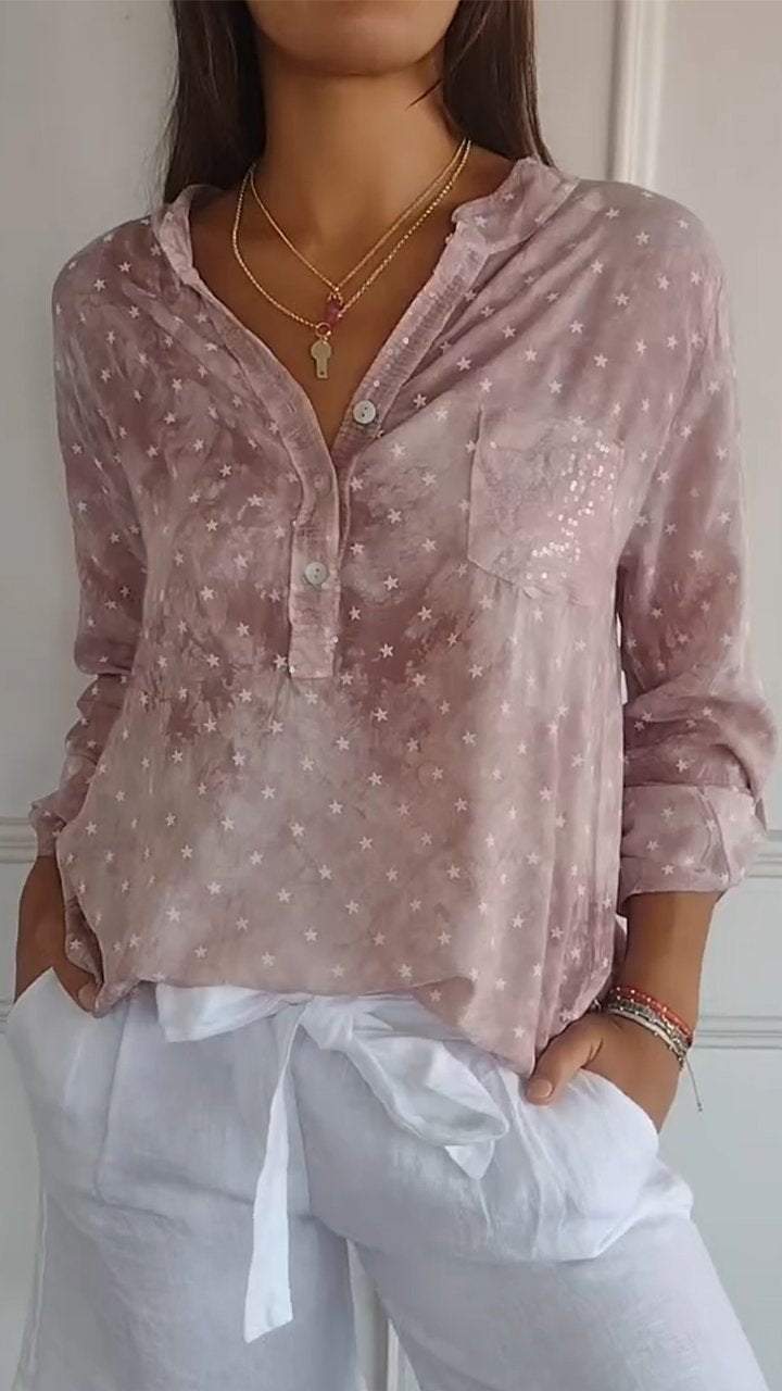 Lapel Long-sleeved Star Print Top Pink