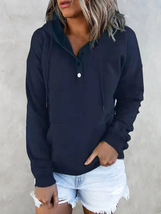 Hotouch Solid Button Front Hoodie with Pocket Navy blue