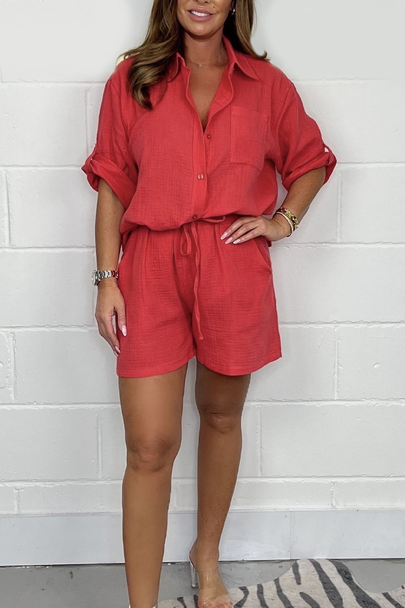 Cheesecloth Shirt & Shorts Co-Ord Coral