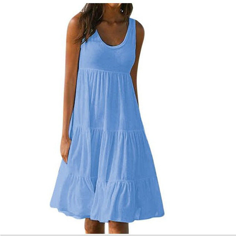 Sleeveless round neck dress stitching big swing beach dress blue