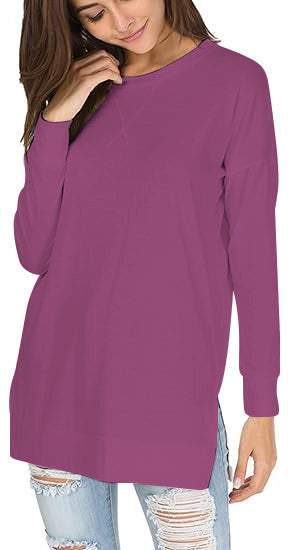 Round Neck Casual Solid Color Top long-sleeves purple-red