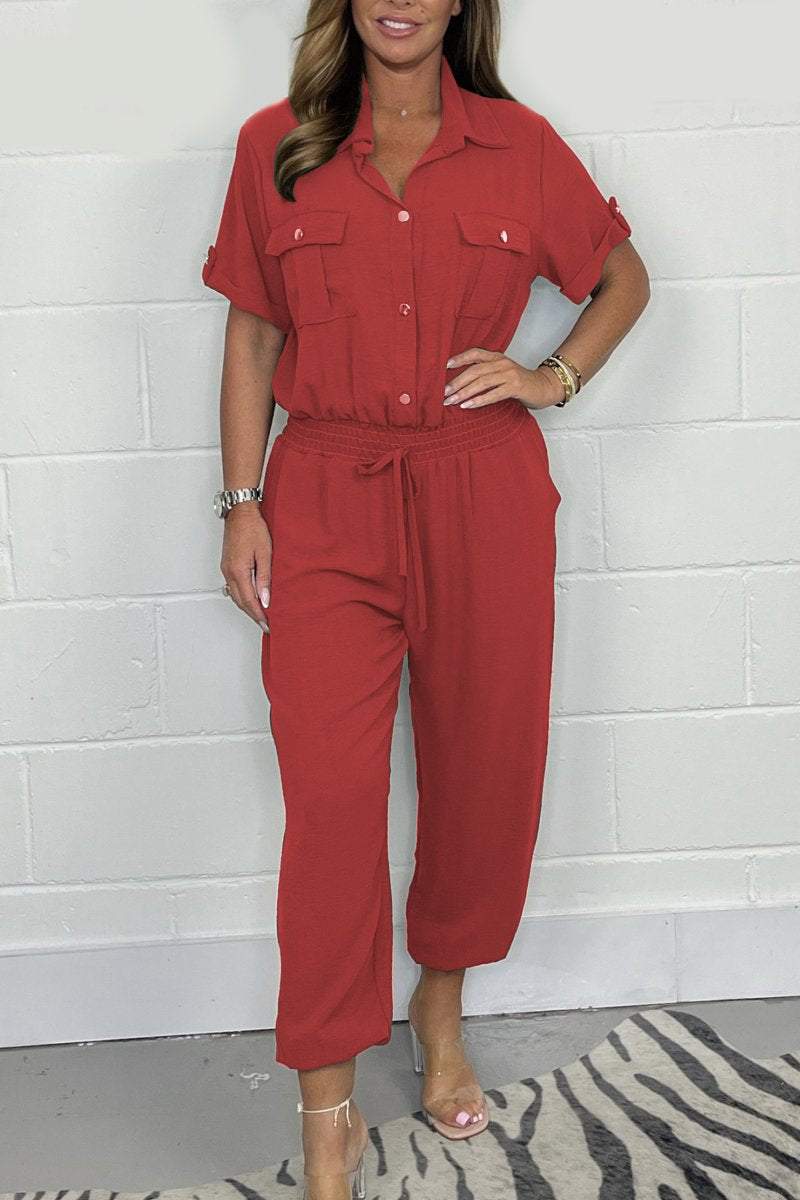 Gold Button Tie Jumpsuit Red