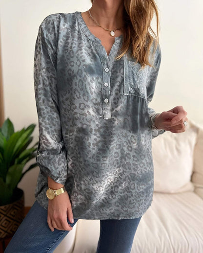 Women's V-neck Long-sleeved Leopard Print Casual Top