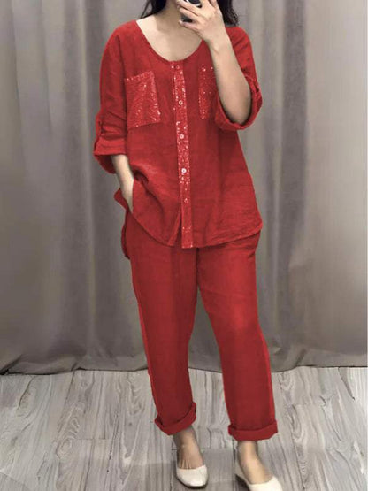 Cotton and Linen Sequined Round Neck Mid-sleeve Two-piece Suit red