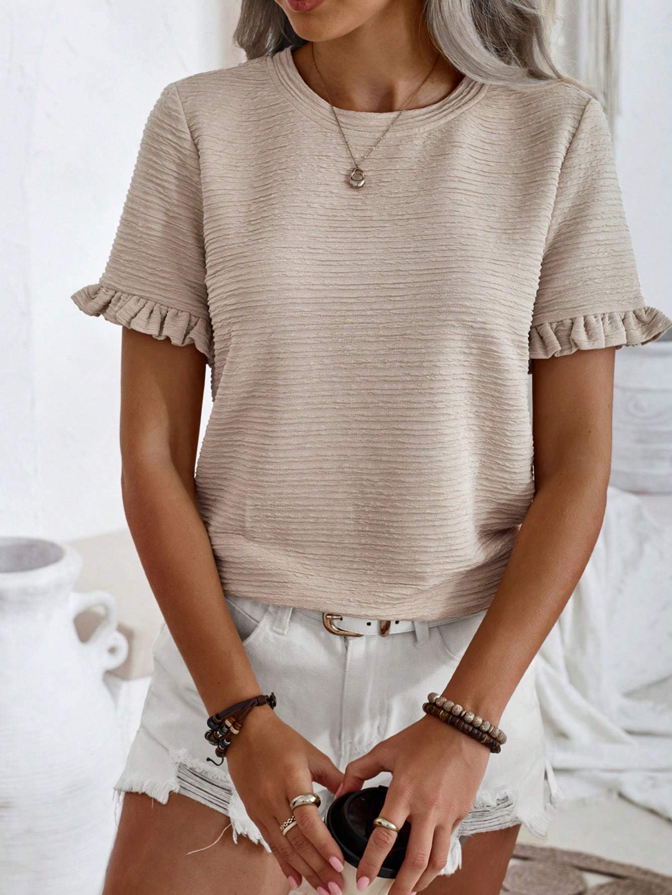 Round Neck Short Sleeve Fungus Casual Top