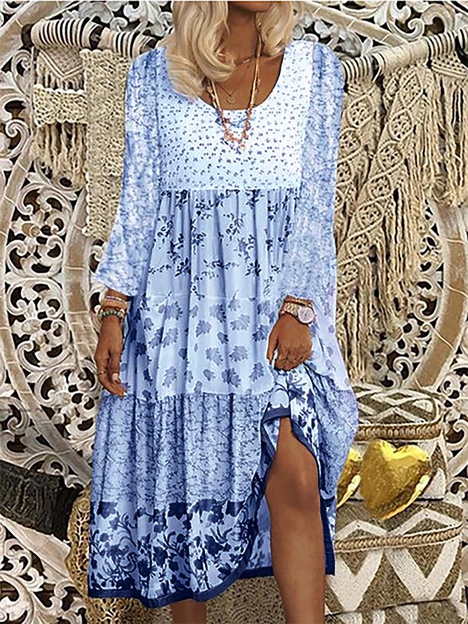 Floral Printed Long Sleeve Sweet Boho Dress Sky Blue