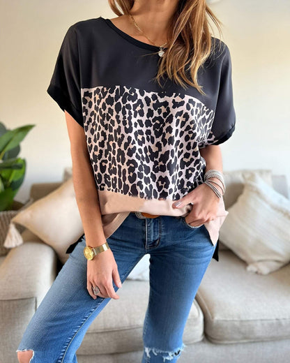 Women's Round Neck Short Sleeve Leopard Print Casual Top