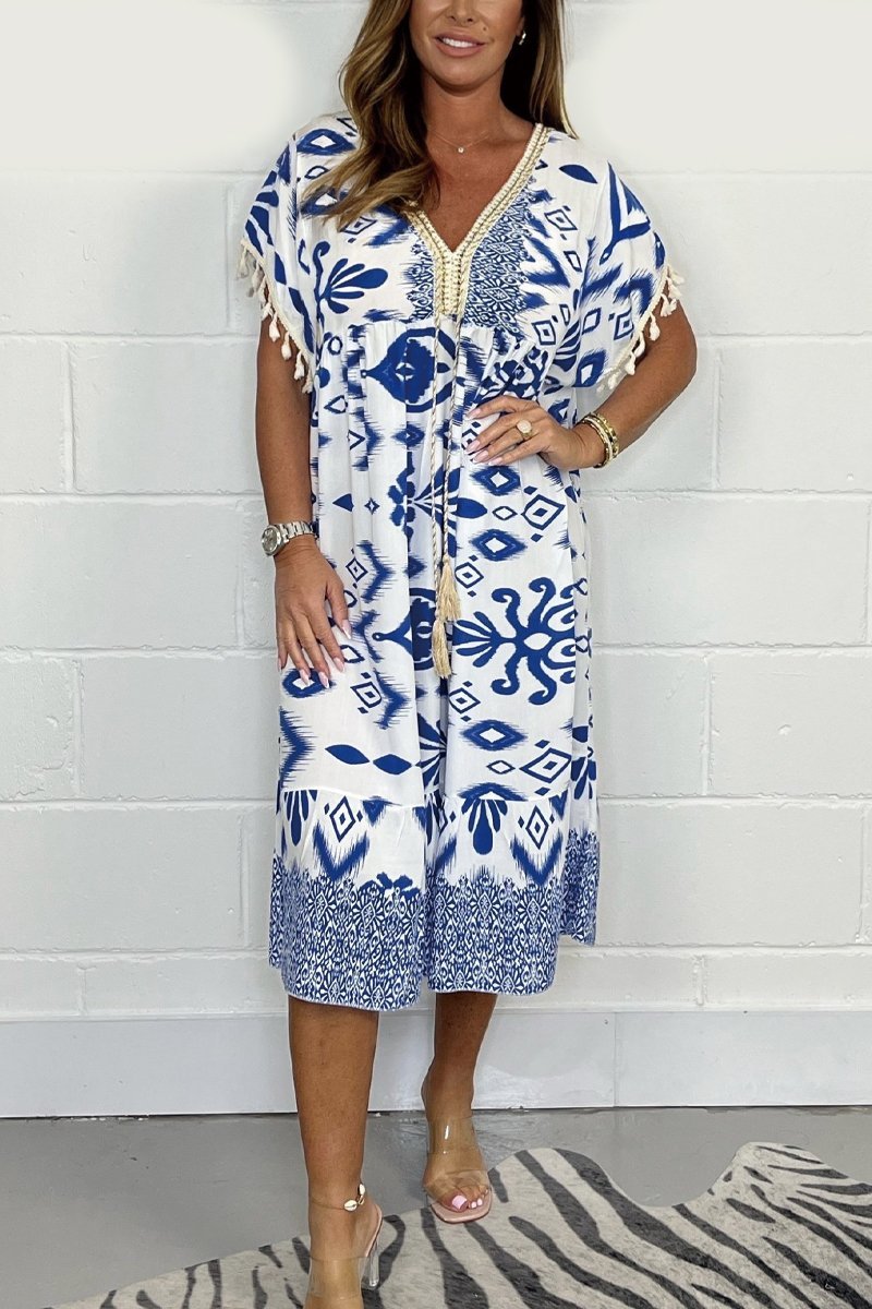 Aztec Print Tassel Dress Blue