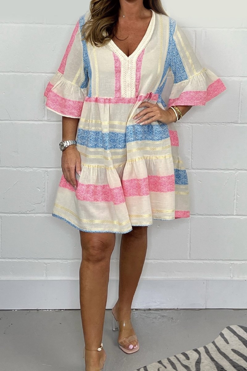 V-neck printed cotton and linen dress Pink