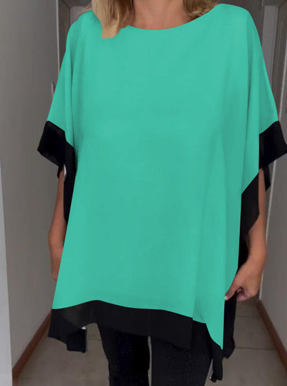 Contrast color patchwork casual top green