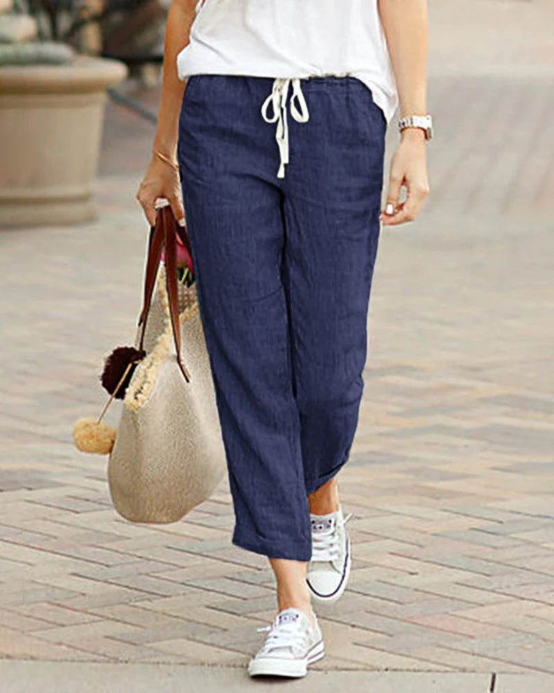 Solid Color Loose Casual Cotton and Linen Cropped Pants Navy blue