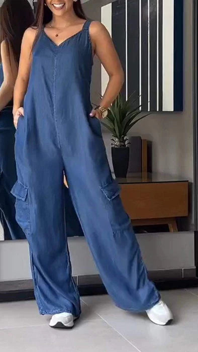 Thin Denim Cargo Pocket V-neck Jumpsuit blue