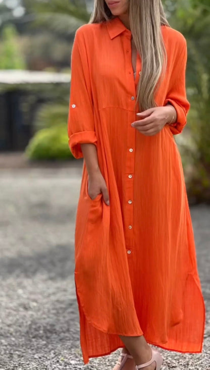 Women's Casual Solid Color Button Front Linen Shirt Dress Orange