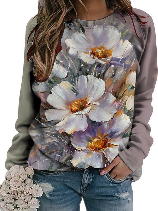 Casual Round Neck Colorful Printed Long Sleeve Top grey