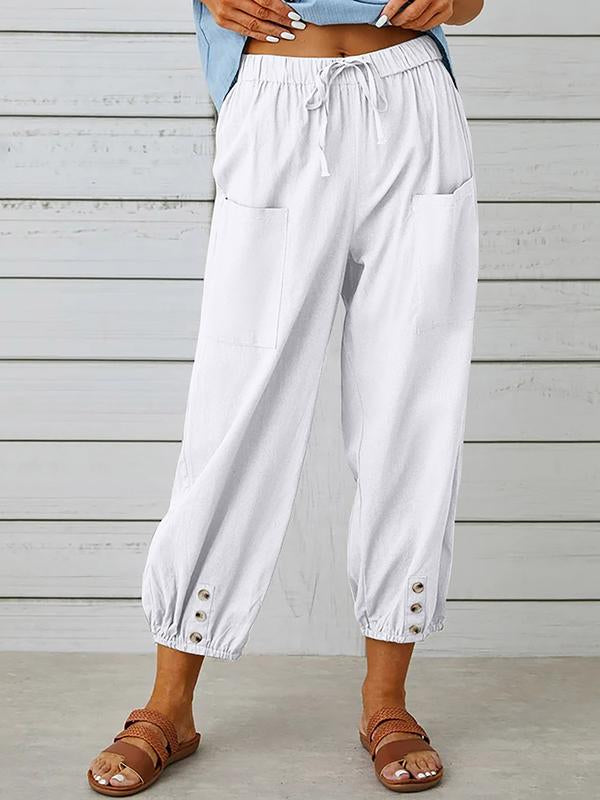 Women's pants High-waisted buttoned cotton hemp pants nine-point pants wide-legged White