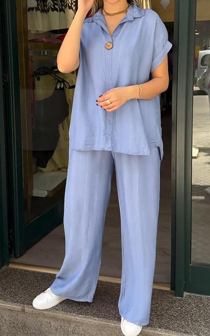 Women's Lapel Solid Color Short-sleeved Two-piece Suit blue