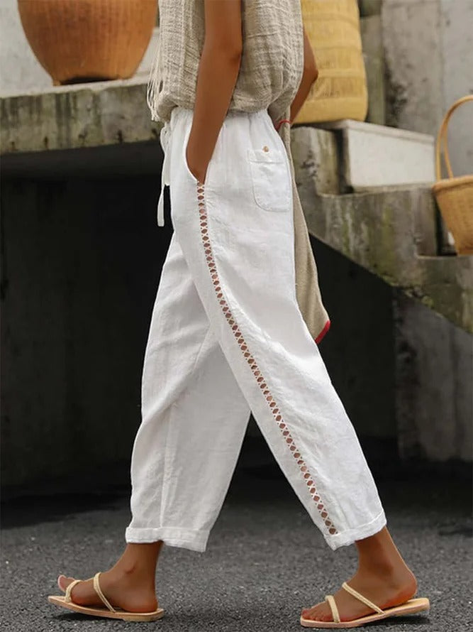 Loose Casual Hollow Out Lace Pockets Drawstring Waist Plain Linen Pants White