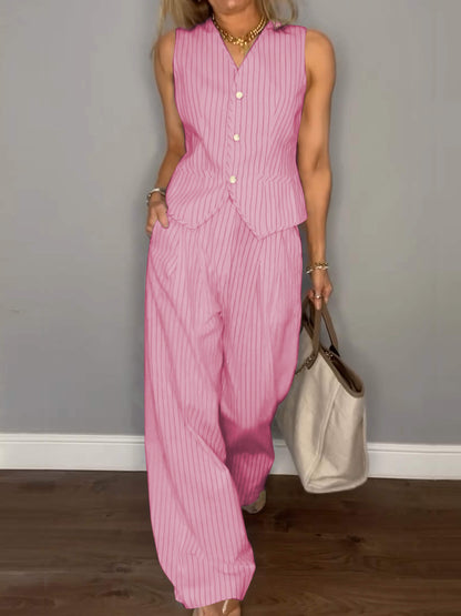 Casual V-neck Striped Two-piece Suit Pink