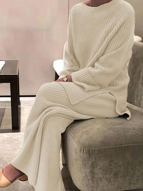 Casual Long Sleeve Solid Color Knit Sweater Two-piece Set Apricot