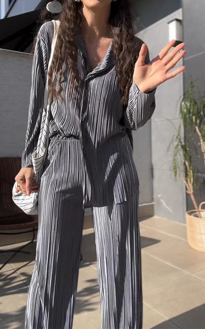 Women Casual Lapel Pit Strip Two-piece Suit grey