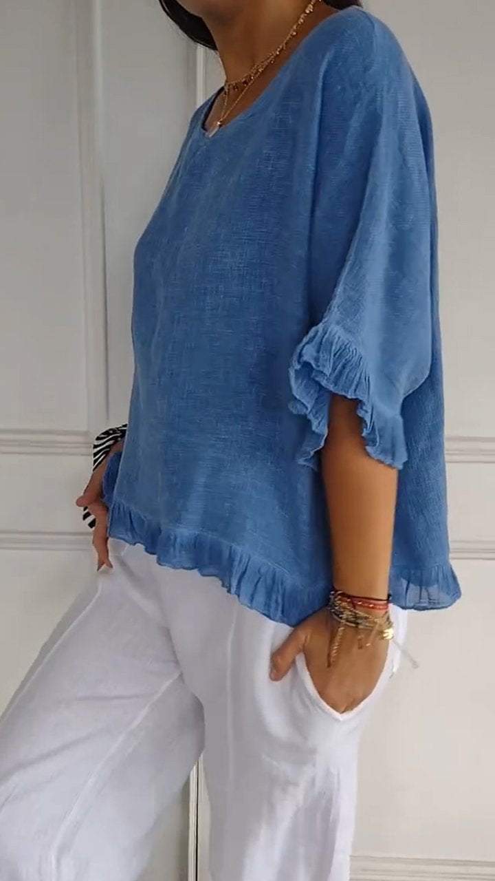 Round Neck Ruffled Hem Mid-sleeve Cotton and Linen Top