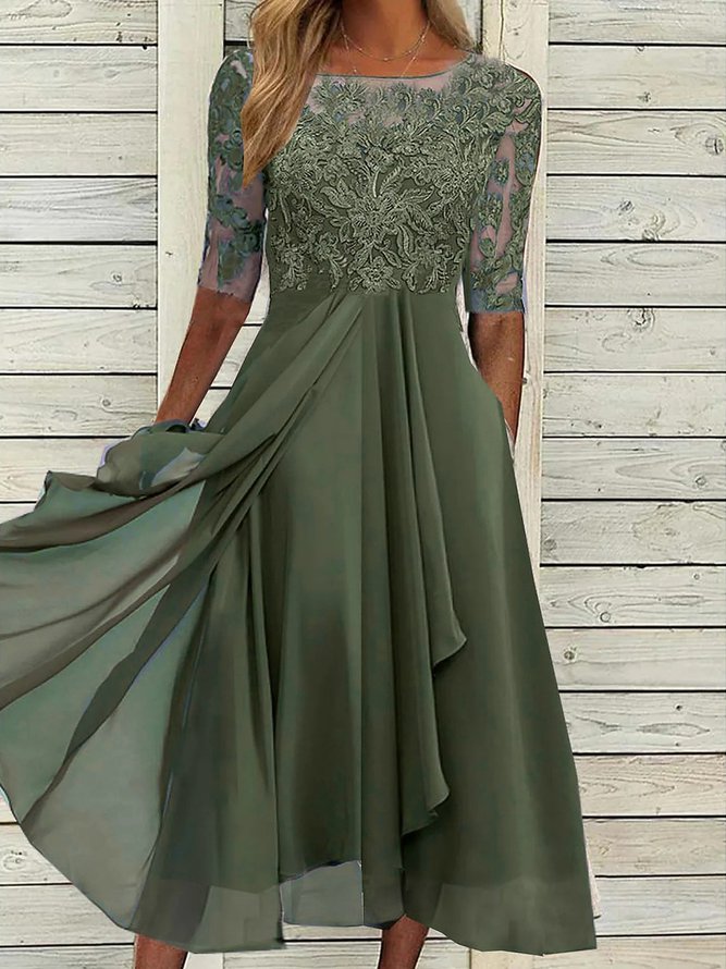 Round Neck Lace Swing Elegant Occasion Formal Wedding Guest Midi Prom Dress Green