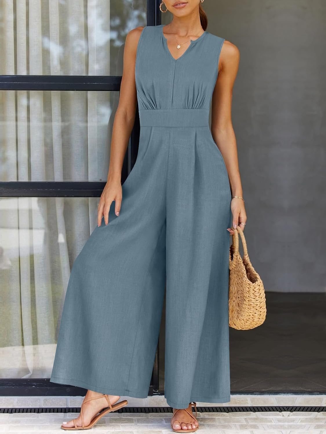 Casual V-neck Sleeveless Jumpsuit light gray