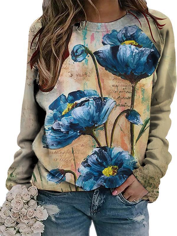 Casual Round Neck Colorful Printed Long Sleeve Top blue