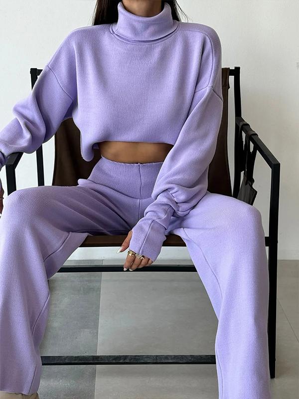 Casual Hoodie with High Neck, Loose Long-sleeved Trousers and Two-piece Set Purple