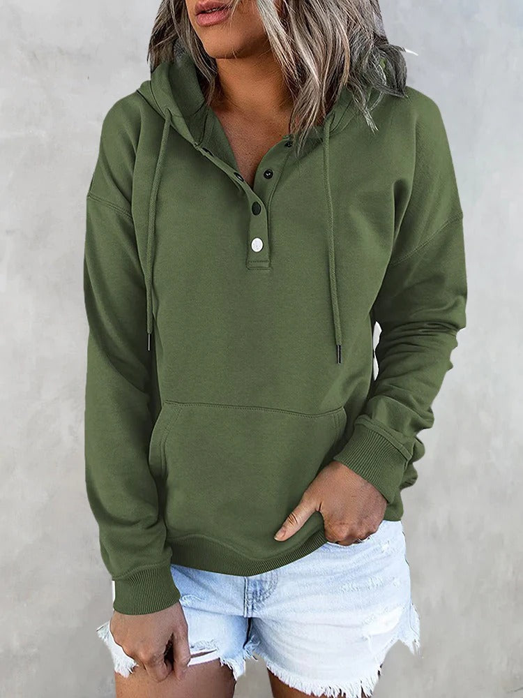 Hotouch Solid Button Front Hoodie with Pocket ArmyGreen