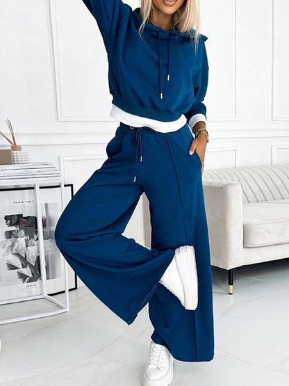 Women's Fashion Solid Color Hoodie and Wide Leg Pants two-piece set Blue