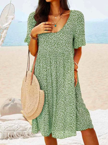 Women Floral Printed Short Sleeve Vintage Boho Weaving Tunic Dress Green