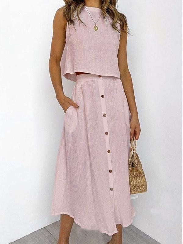 Double-layer Zou Cloth Round Neck Vest Shirt Mid-length Breasted Dress Two-piece Suit Pink