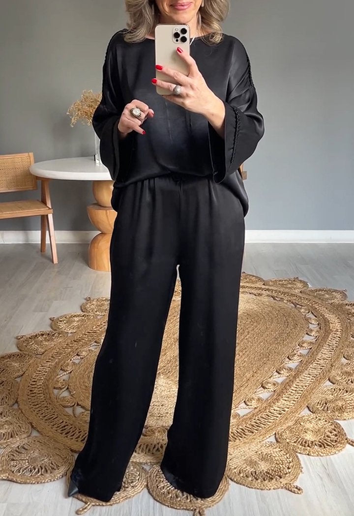 Satin Crew Neck Long Sleeve Two-piece Suit