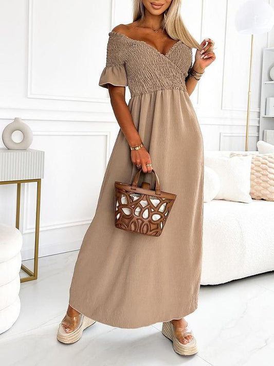 V-neck Short-sleeved Cable Casual Dress khaki