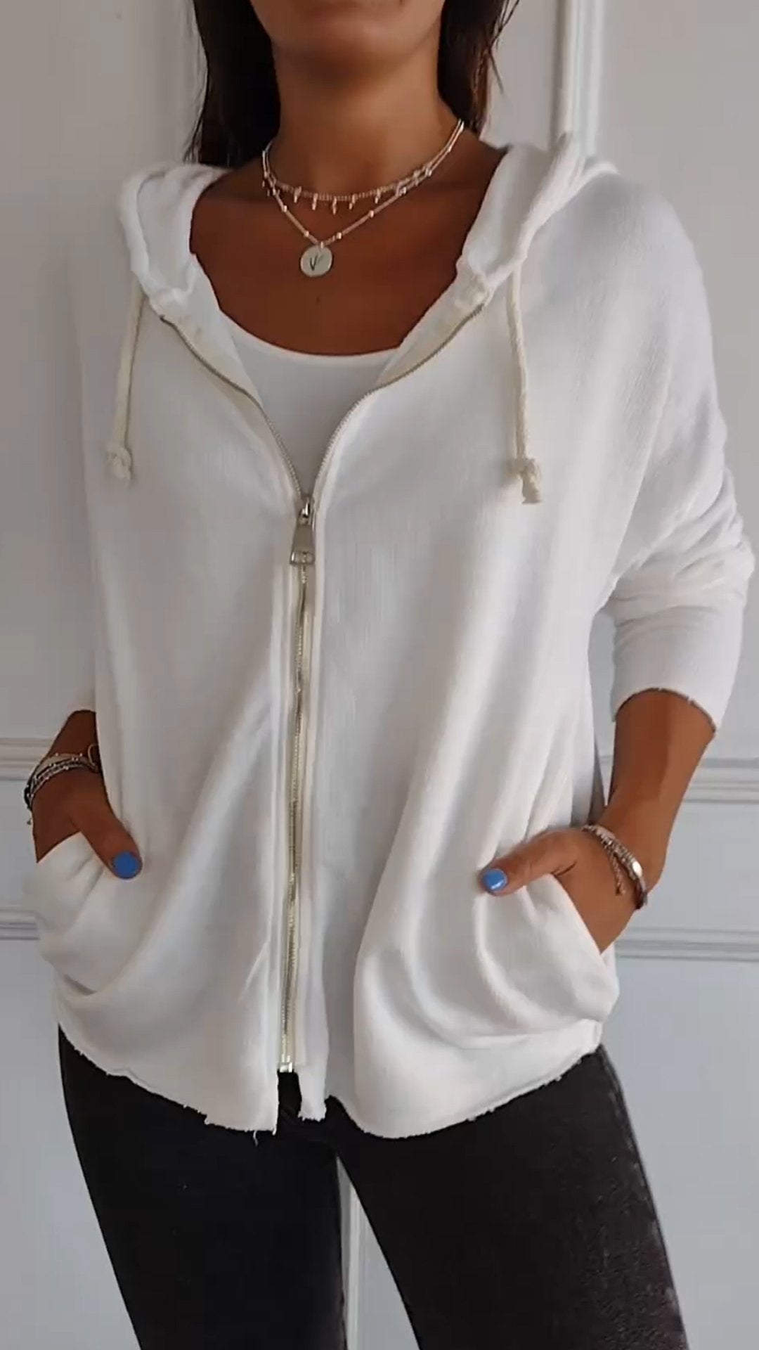 Hooded Zip-up Casual Top white