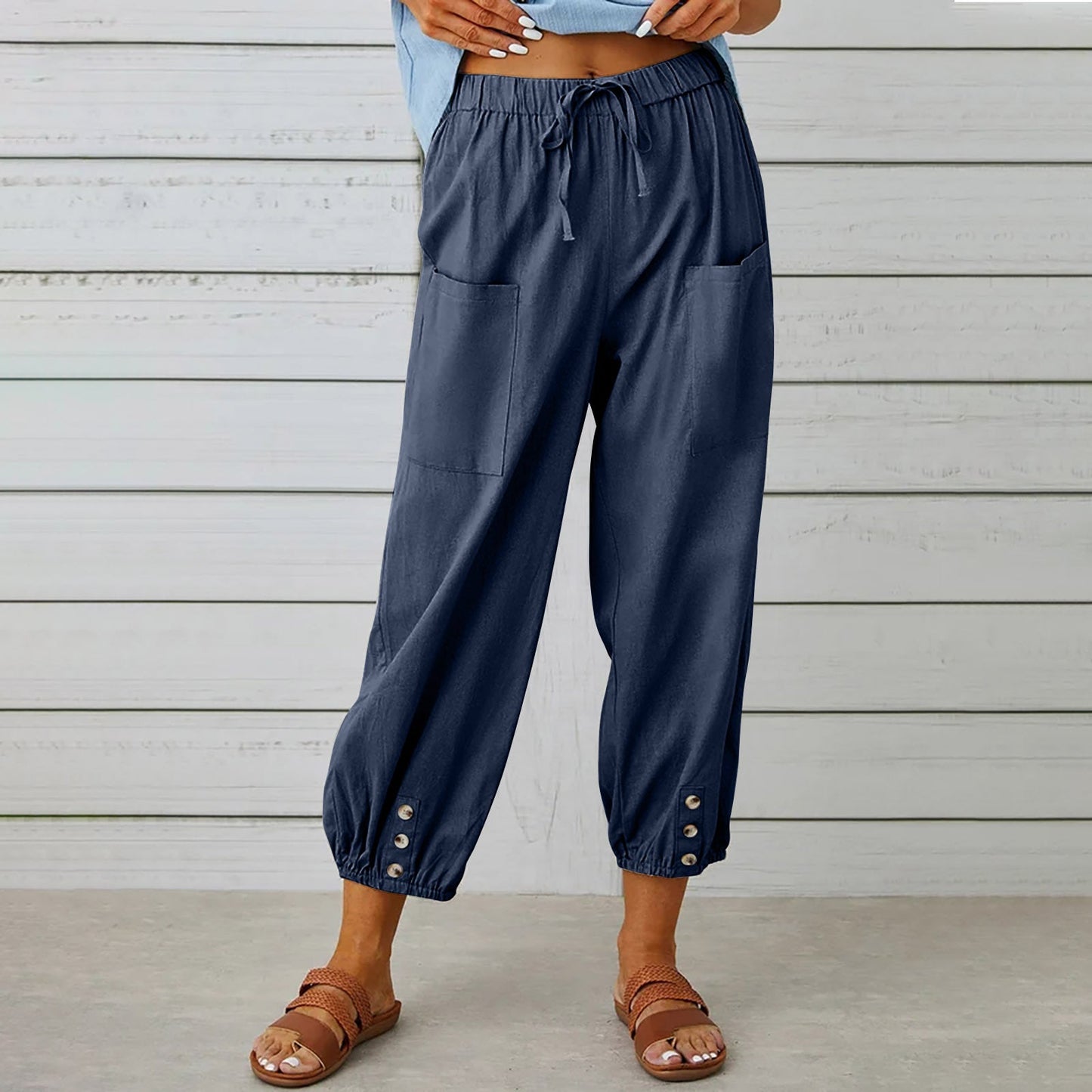 Women's Linen Cotton Pocket Ruffle Casual Pants Wide Leg Pants Navy