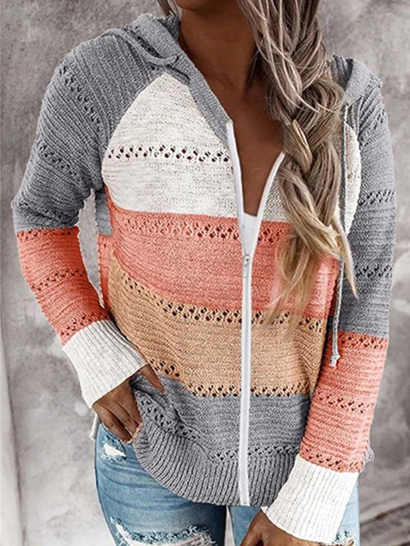 Long Sleeve Hooded Striped Zip Sweater grey