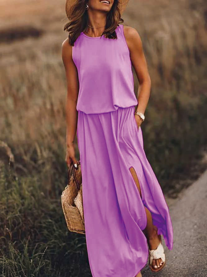 Women Vintage Boho Sleeveless Round Neck Solid Maxi Weaving Dress Purple