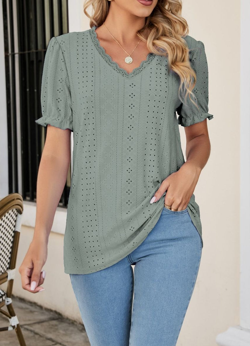 Women's hollow v-neck puff sleeve T-shirt pea green