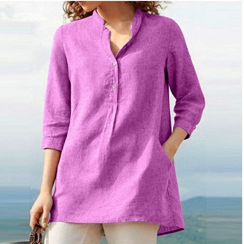 Solid color three-quarter sleeves stand-collar cotton and linen casual shirt pink