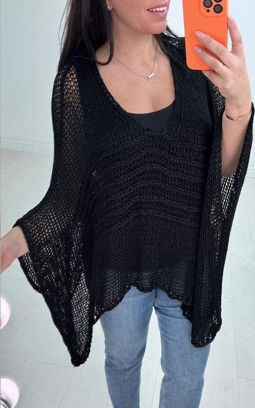 V-neck Hollow Bat Sleeve Blouse Black