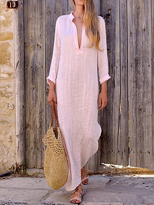 Women's cotton and linen casual straight maxi dress pink