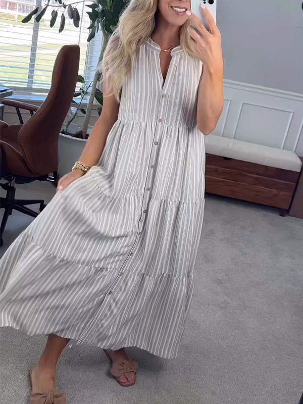 Women's V-neck Solid Color Sleeveless Striped Dress