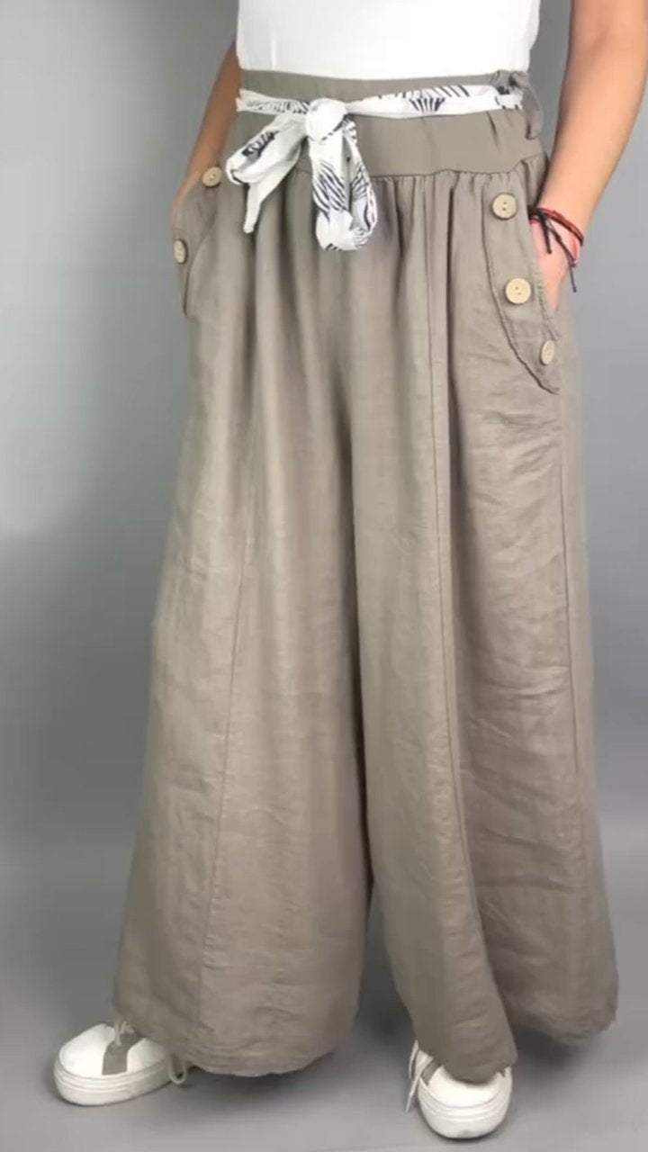 Cotton and Linen Wide-leg Pants with Button Pockets khaki